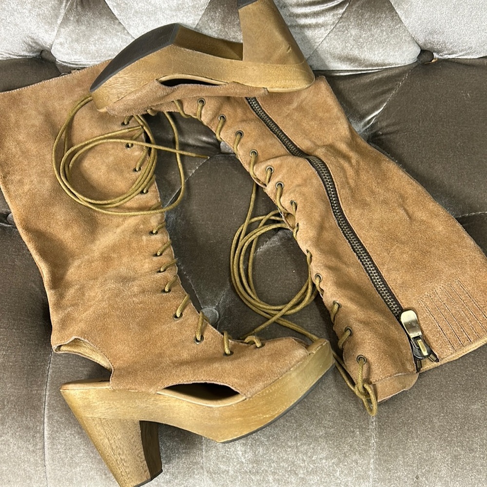 Jeffrey Campbell Woodies tall peep toe chunky wedge leather zip lace up heels